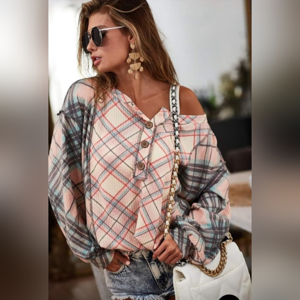BiBi Plaid Waffle Henley Top